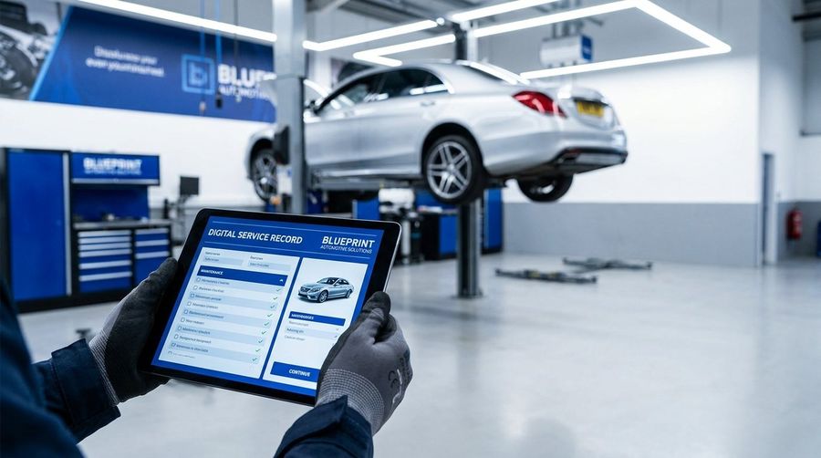 Serviceberater mit Tablet in einer modernen Garage