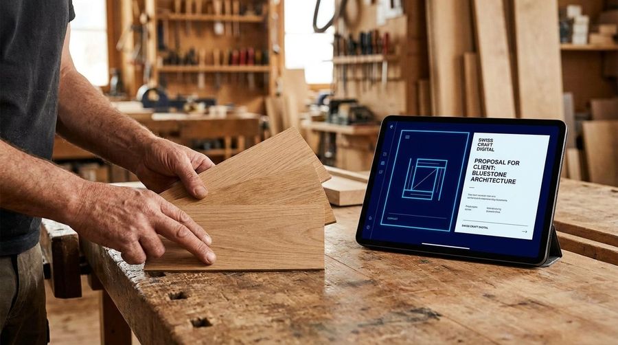 Holzmuster und Tablet mit digitalem Angebot in einer Schreinerei